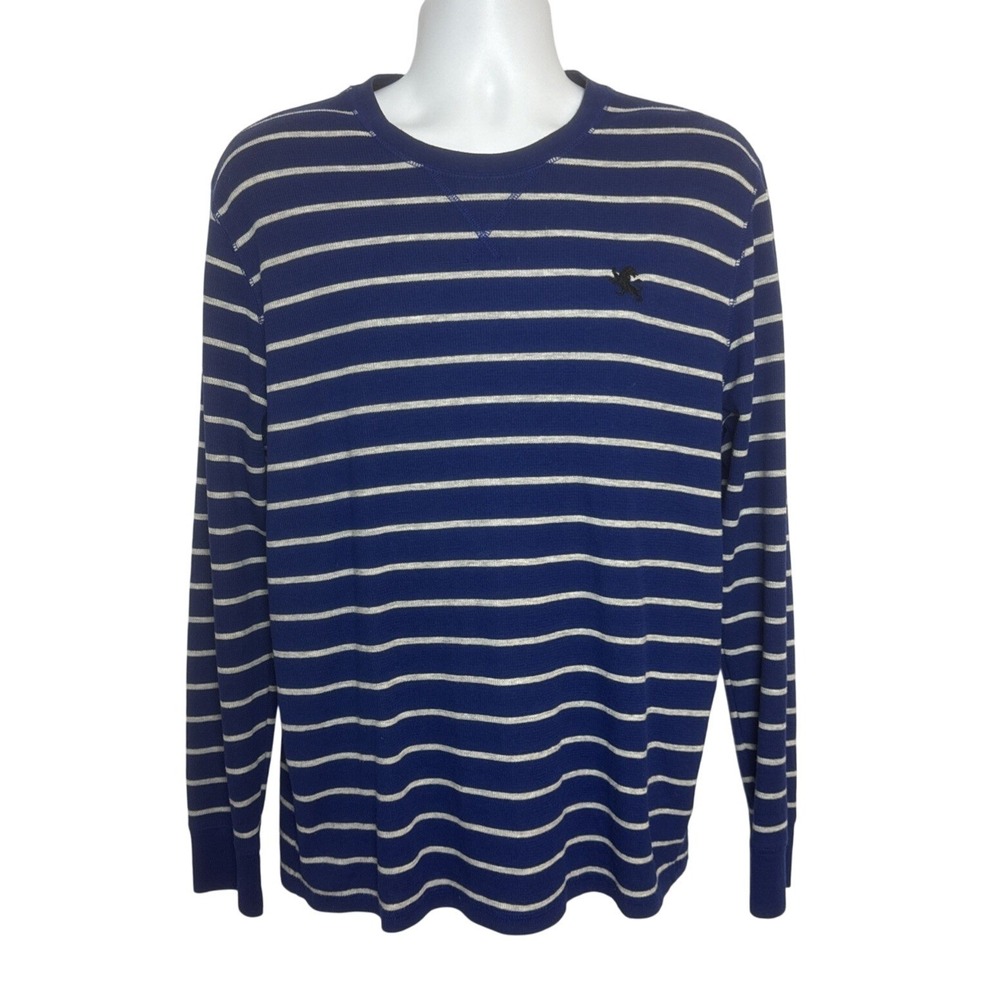 Express Mens XL Waffle Knit Thermal Shirt Blue Striped Long Sleeve Crew Neck Y2K